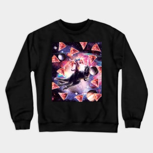 Thug Space Cat On Dinosaur Unicorn - Pizza Crewneck Sweatshirt